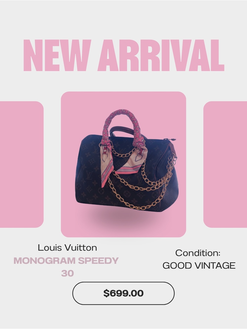 Louis Vuitton Monogram Speedy 30 in Brown with Pink Scarf and Gold Chain